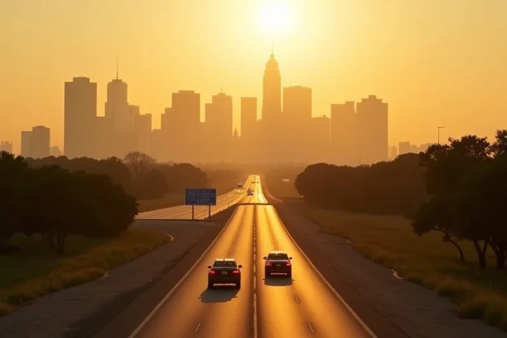 A long Texas road stretching toward a distant city skyline with two cars meeting near a highway exit, heat shimmer, evening