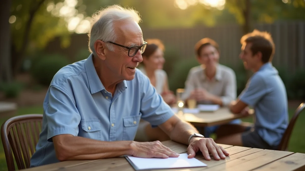 An older adult at a backyard gathering in Texas, setting a sealed envelope and a small photo album apart from a table while