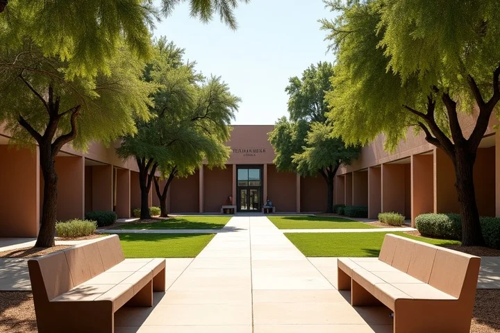 A sunlit Texas museum courtyard with a visible drop-off curb, wide shaded benches, a straight path to the entrance, and a