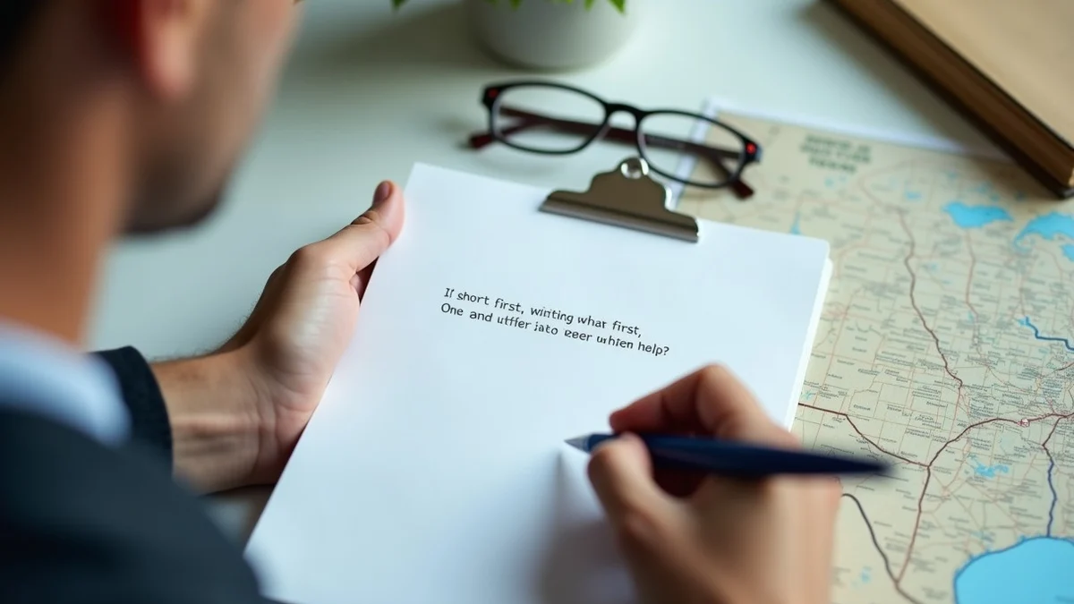 A hand writing a short first message in a notebook beside a pen, reading glasses, and a folded outline map of Texas on a