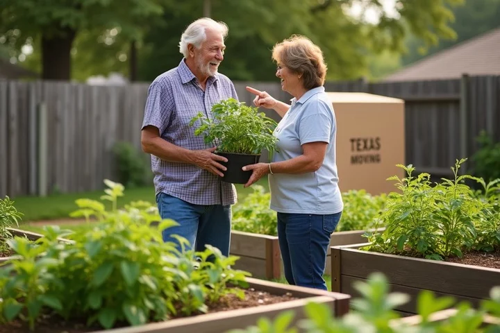 Two older adults talking beside raised garden beds, one holding a potted tomato plant and the other pointing to the leaves,
