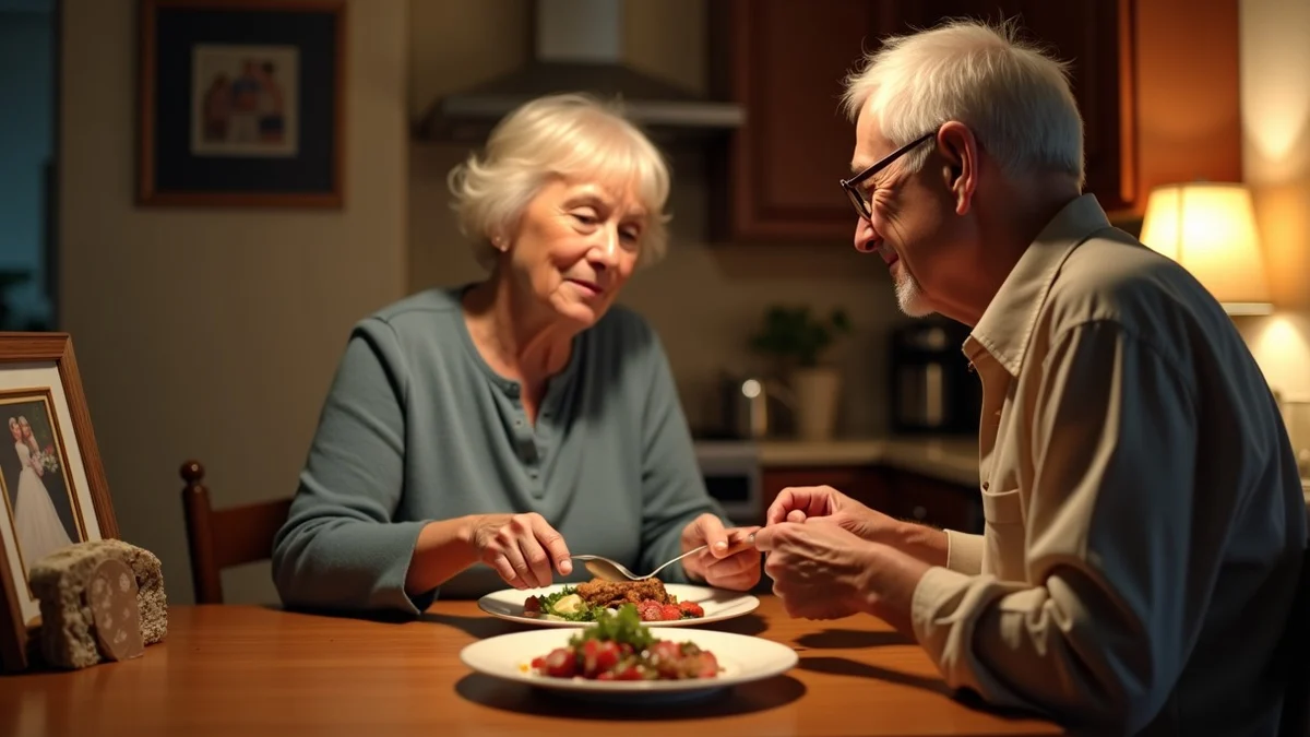 A widowed woman and her new partner setting two dinner plates in a warm kitchen, with a framed wedding photo, a family