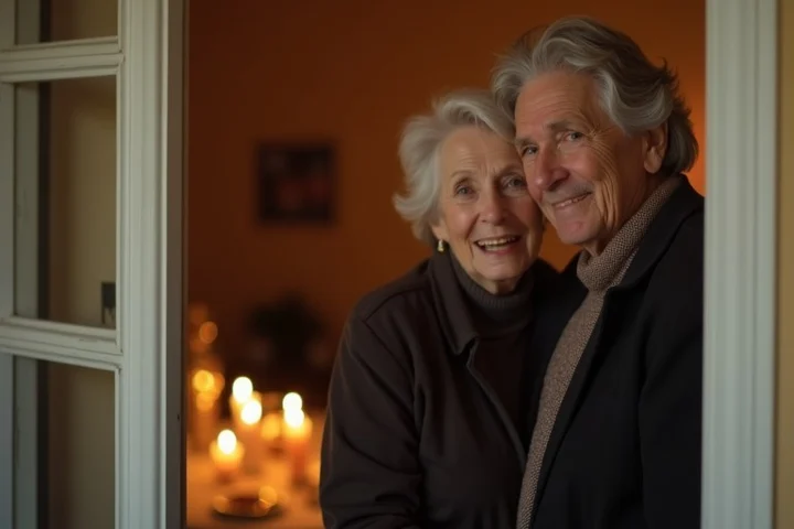 A middle-aged widow and her partner standing close in a softly lit doorway, her expression holding both a small smile and
