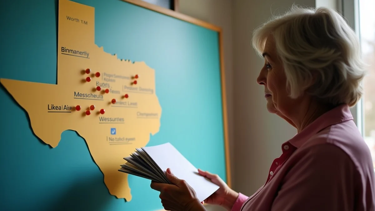 A woman in her 60s studying a stack of local event cards beside a Texas-shaped map board with pins near central and north
