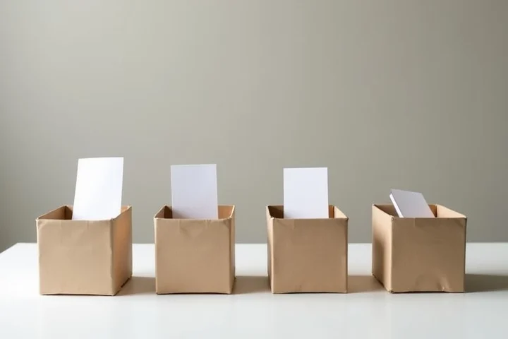 A row of four small clear boxes on a counter shows one open, one half-open, one locked, and one sealed, with paper tokens