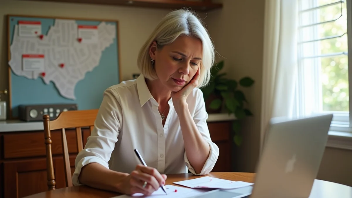 A thoughtful woman in her 50s reviewing printed dating profile cards on a kitchen table, with a Texas-shaped board and pins
