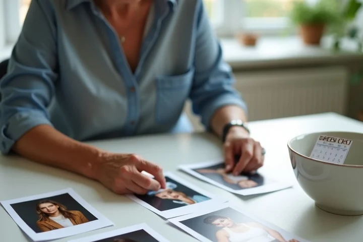 A woman in her 50s arranging portrait prints, a walking shoe, a mixing bowl, and a small calendar into four neat groups on a