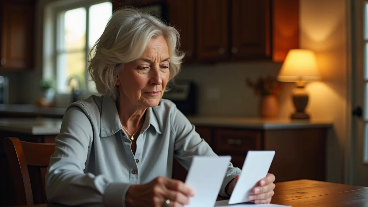 A thoughtful woman in her late 50s comparing two plain profile cards at a kitchen table in a Texas home, one card showing a