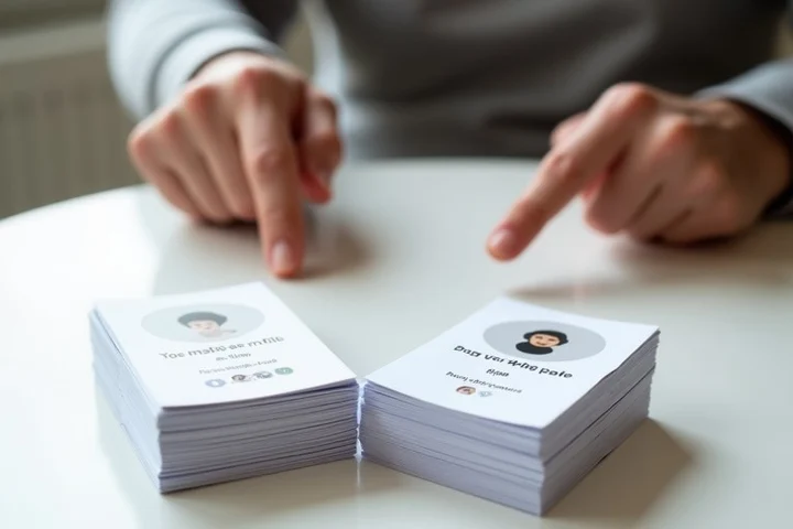 Two neat stacks of dating profile cards on a clean table, one stack marked by a speech-bubble icon and photo cue, the other