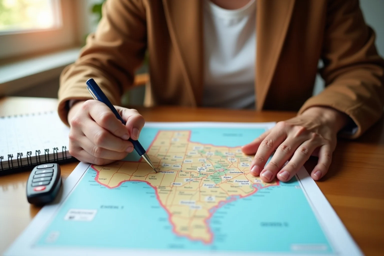 A woman over 50 marking a paper map of Texas at a dining table, with car keys and a calendar beside her, deciding whether to