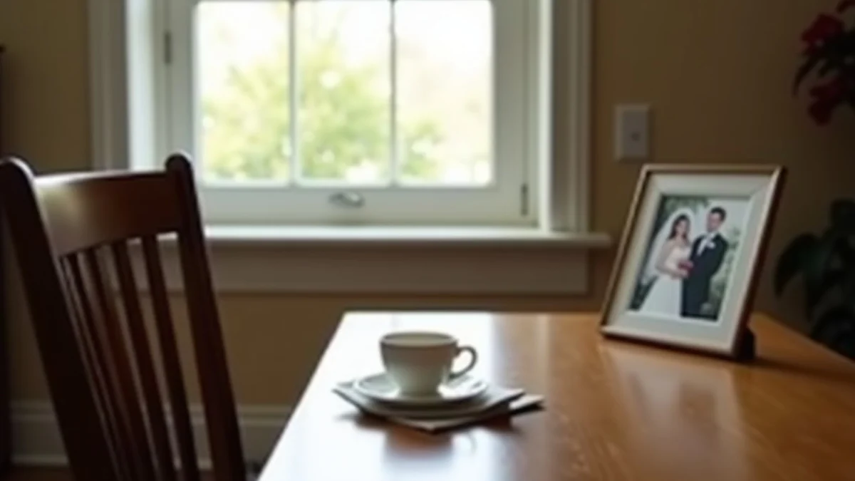 An empty dining chair set across from a single teacup and a folded napkin beside a framed wedding photo turned slightly