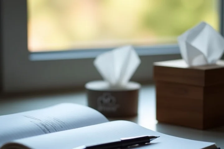 An open notebook and pen beside a soft-lit window, with a tissue, a calendar, and a small keepsake box arranged neatly on a