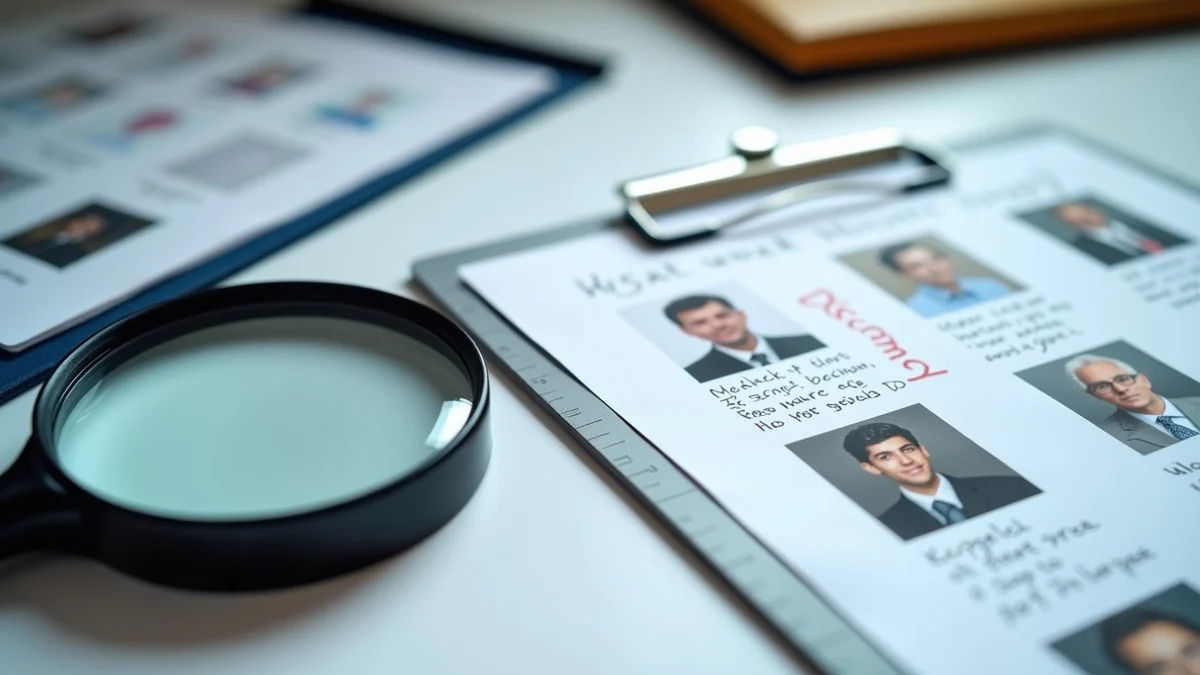 A magnifying glass over printed profile photos, handwritten notes, and highlighted discrepancy marks on a desk, with a ruler