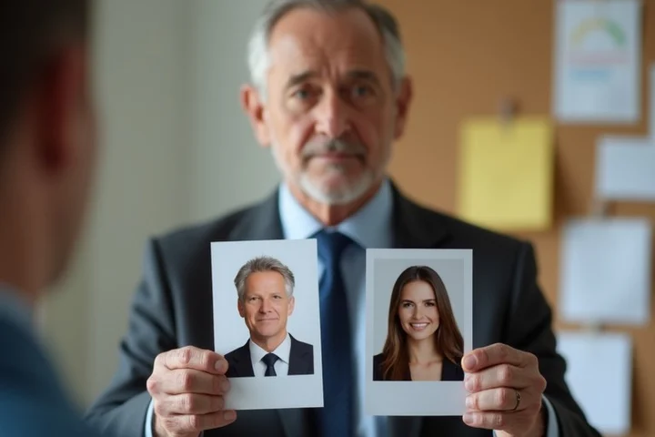 An older man holding two different printed headshots at arm’s length beside a corkboard of notes, then turning away as if