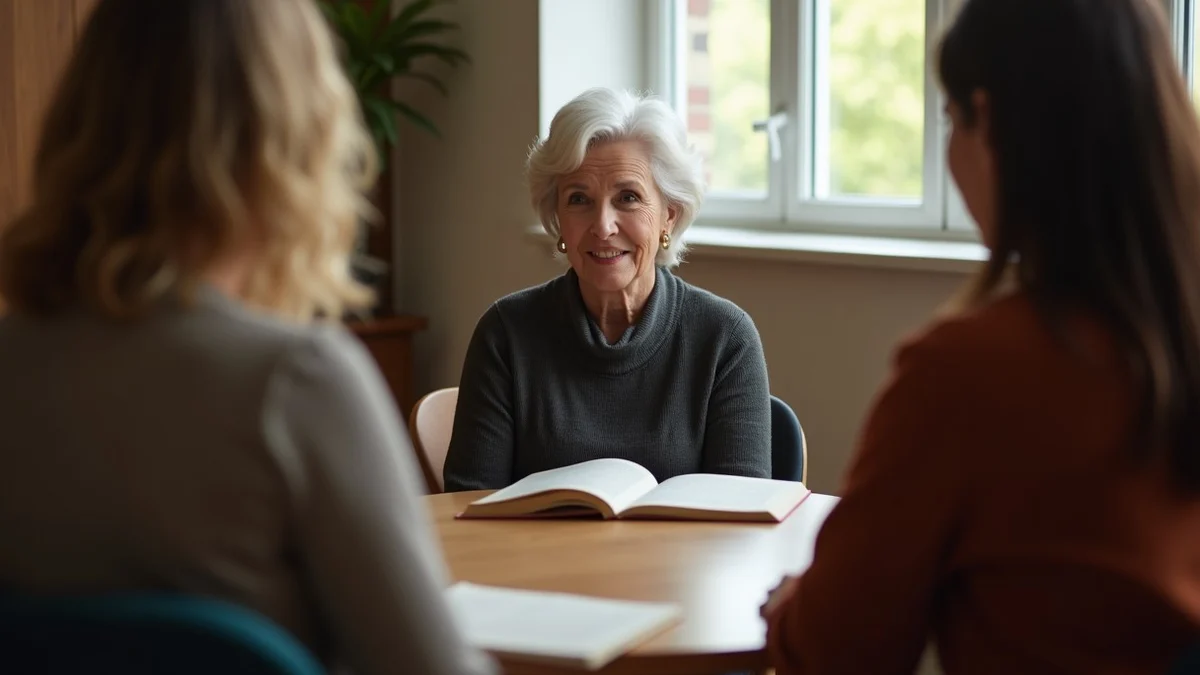 A woman over 50 joining a small book club circle, pausing at the edge of the chairs with calm curiosity, soft indoor