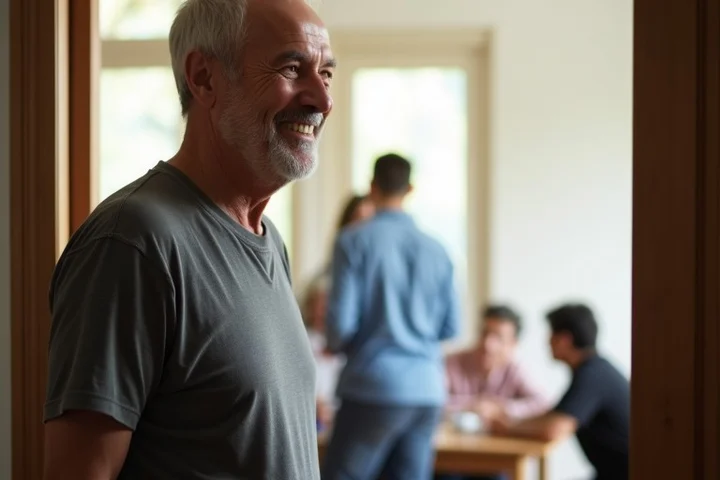 A man over 50 entering a small community class with a relaxed, tentative smile, a few people gathered around a table in the