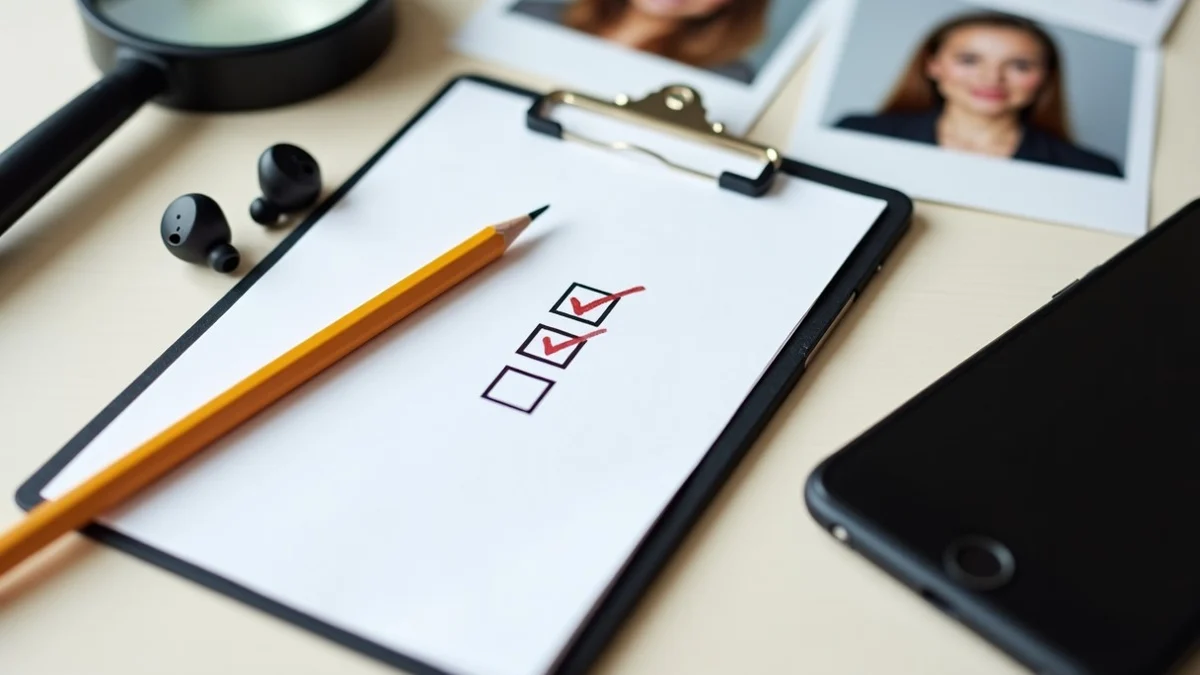 A pencil marking a verification checklist beside printed profile photos, a magnifying glass, earbuds, and a face-down phone,