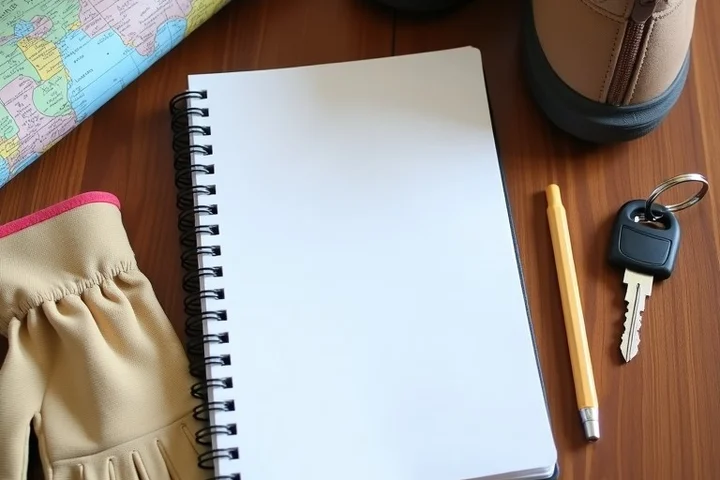 A closed notebook beside a home key, work gloves, baby shoes, and a folded travel map, arranged with clear gaps between the