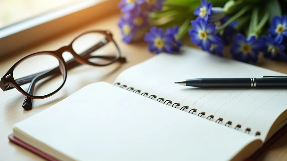 Three blank note cards, an open notebook, and a pen on a tidy desk beside reading glasses and bluebonnets, warm morning
