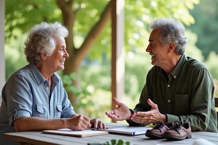 Two adults over 50 chatting on a shaded porch table with a sketchbook, garden gloves, a paperback, and walking shoes between