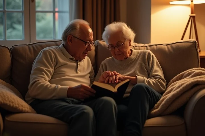 An older couple sharing a quiet living room routine, one person holding a book while the other gently squeezes their hand on