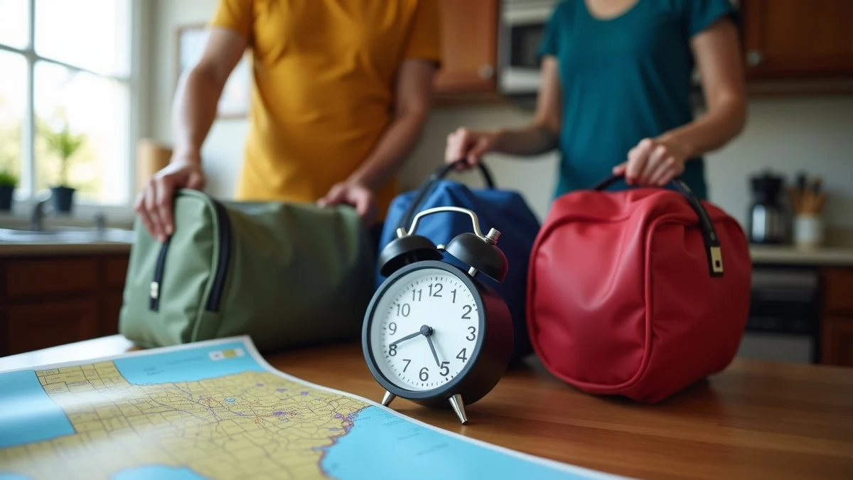 Two adults in their fifties pack overnight bags beside a folded Texas highway map and a kitchen clock, preparing for a
