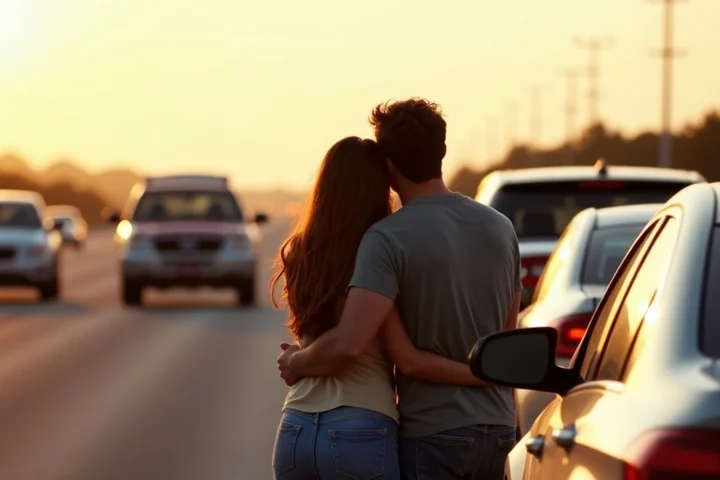 A couple pauses at a highway rest stop after a long Texas drive, sharing a brief hug beside their cars while other travelers