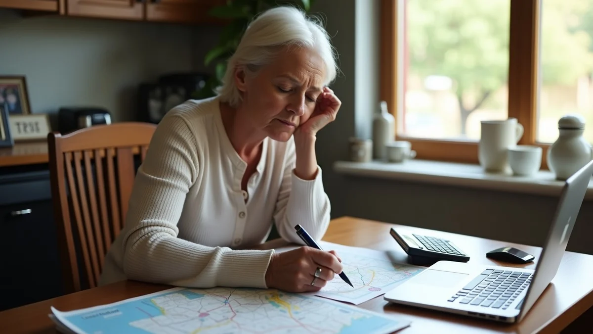 A woman in her late 50s studies a stack of printed profile cards and a Texas road map on a dining table, one hand hovering