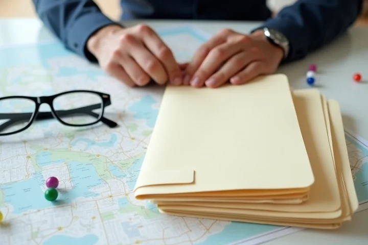 A single man over 50 compares three plain membership folders beside a city map with nearby pins and a pair of glasses, clean