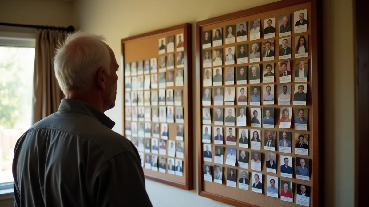 A man in his 50s comparing two cork boards of local profile cards, one board crowded with many mixed-age portraits and the