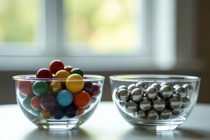 Two glass bowls with marbles, one overflowing with mixed colors and the other carefully sorted with similar silver marbles,