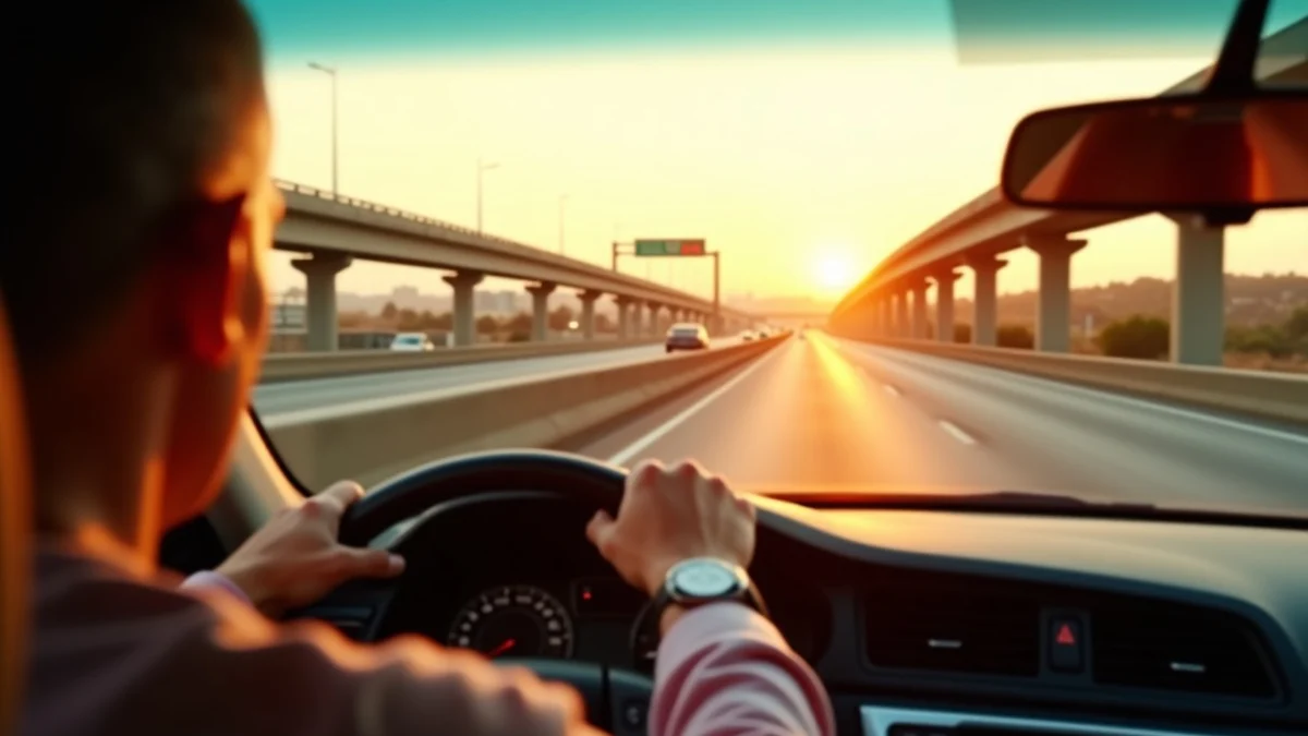 A middle-aged Texan driving a sedan across a wide Texas freeway interchange at sunset, heading toward a first meeting in