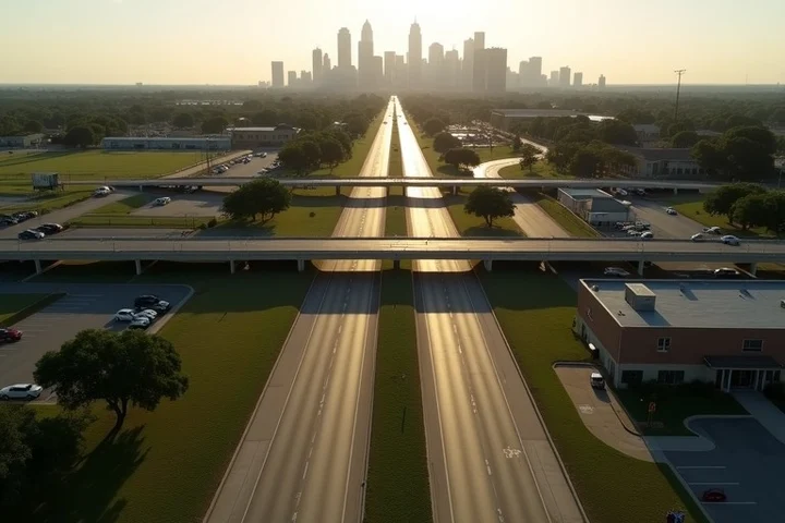 A long Texas suburban road splitting toward a distant city skyline, with an overpass, a park-and-ride lot, and low buildings