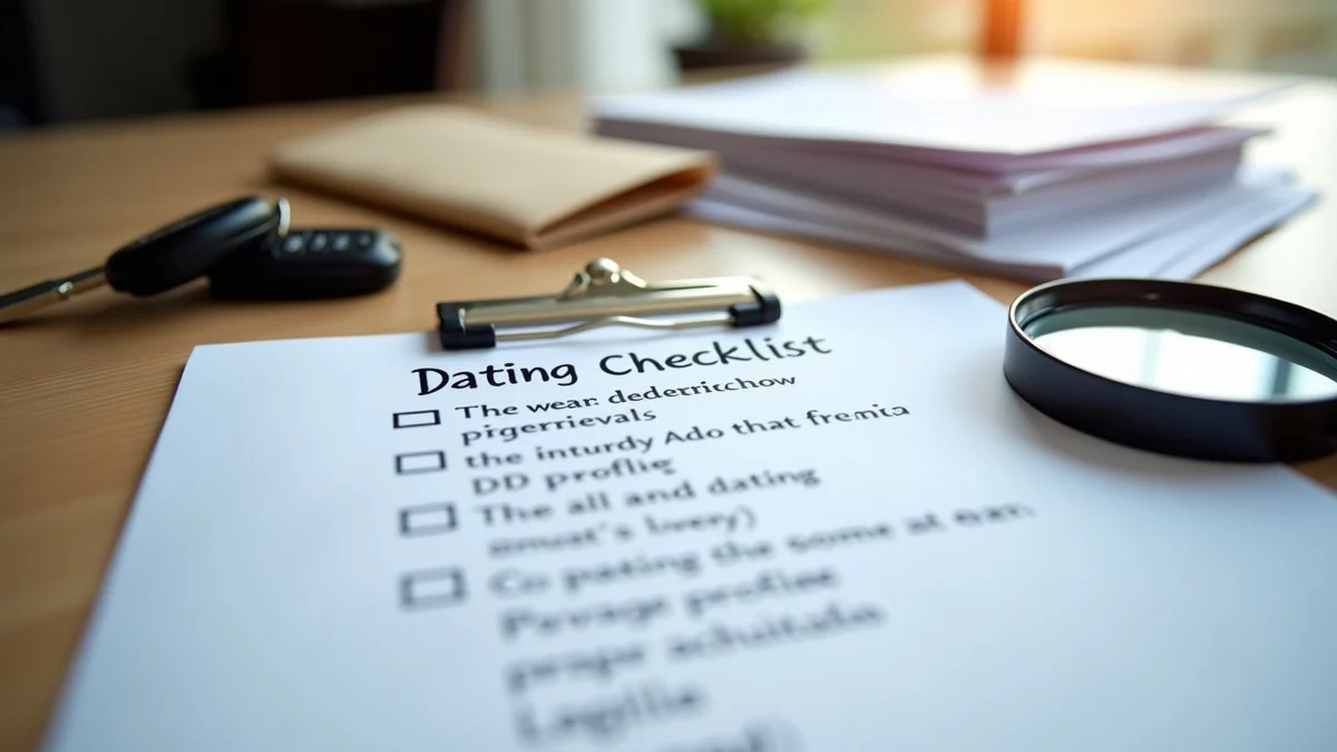 A handwritten dating safety checklist beside car keys, a sealed envelope, a magnifying glass, and a redacted stack of