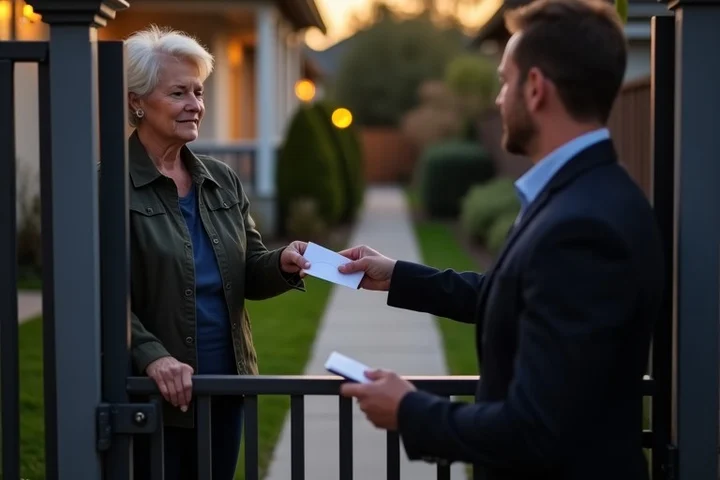 A woman over 50 firmly holding a front gate closed while a man outside offers an envelope of cash, suburban walkway at dusk,