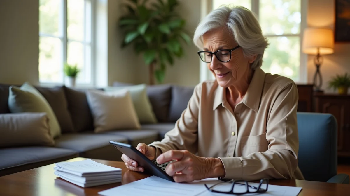 A woman over 50 reviews a calculator, a folded receipt, and a stack of local profile cards beside reading glasses in a