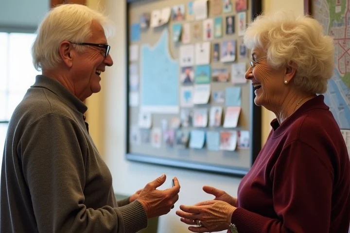 Two adults over 50 chat in a community center lobby near a bulletin board of portrait cards and a Texas neighborhood map,