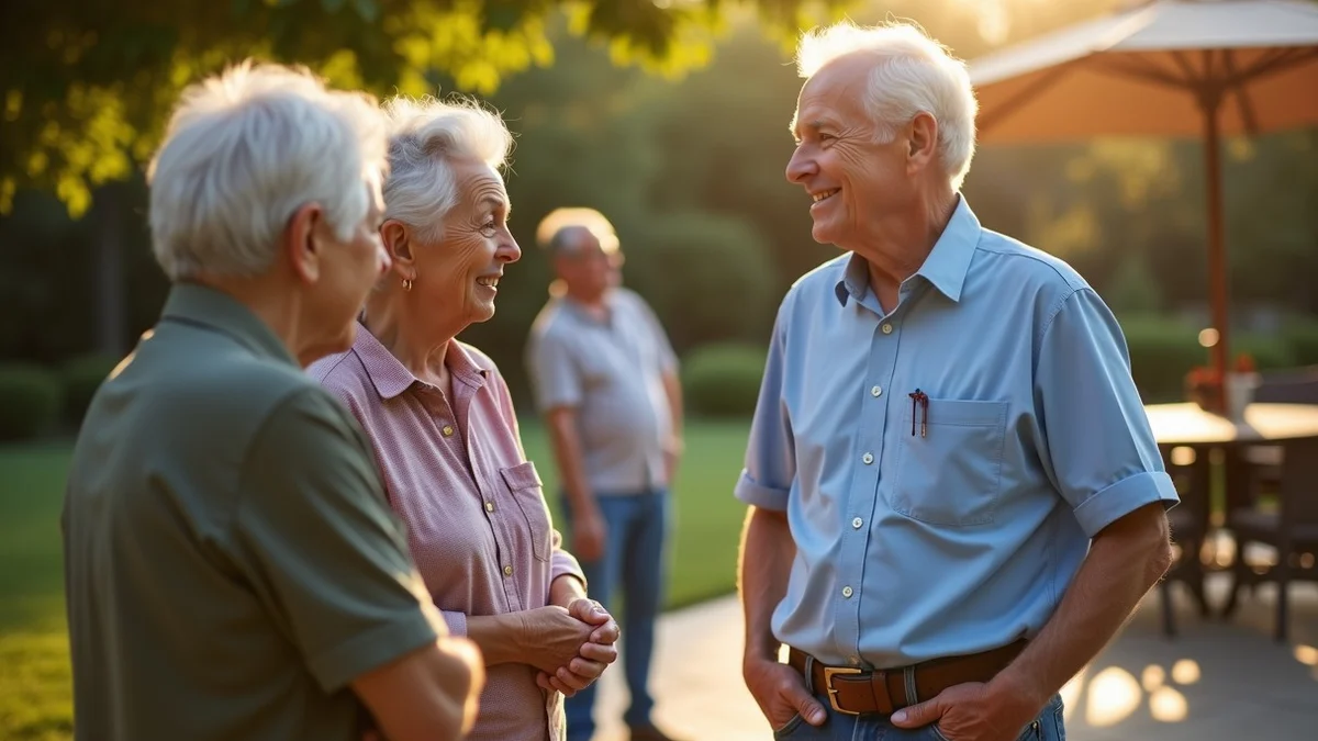 Two adults over 50 share an easy conversation at a backyard gathering in Texas, with two friends chatting nearby and a patio