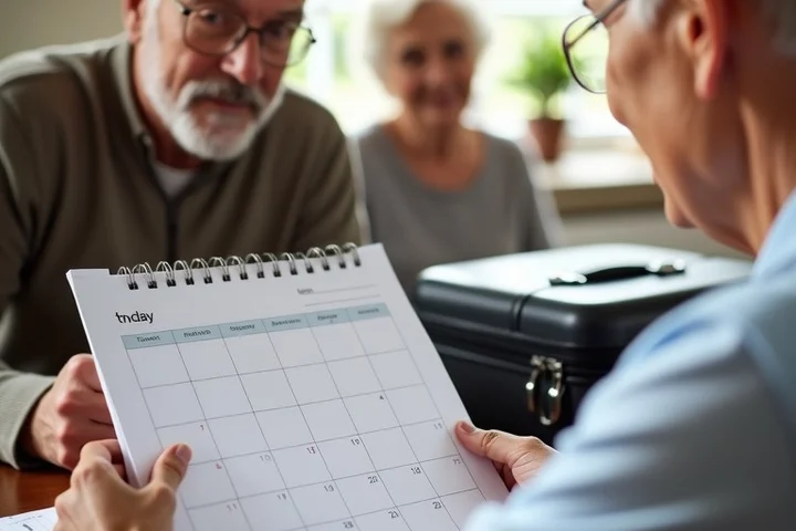 Two adults over 50 review a paper calendar at a family dinner table while a suitcase and a folded rain-check note sit