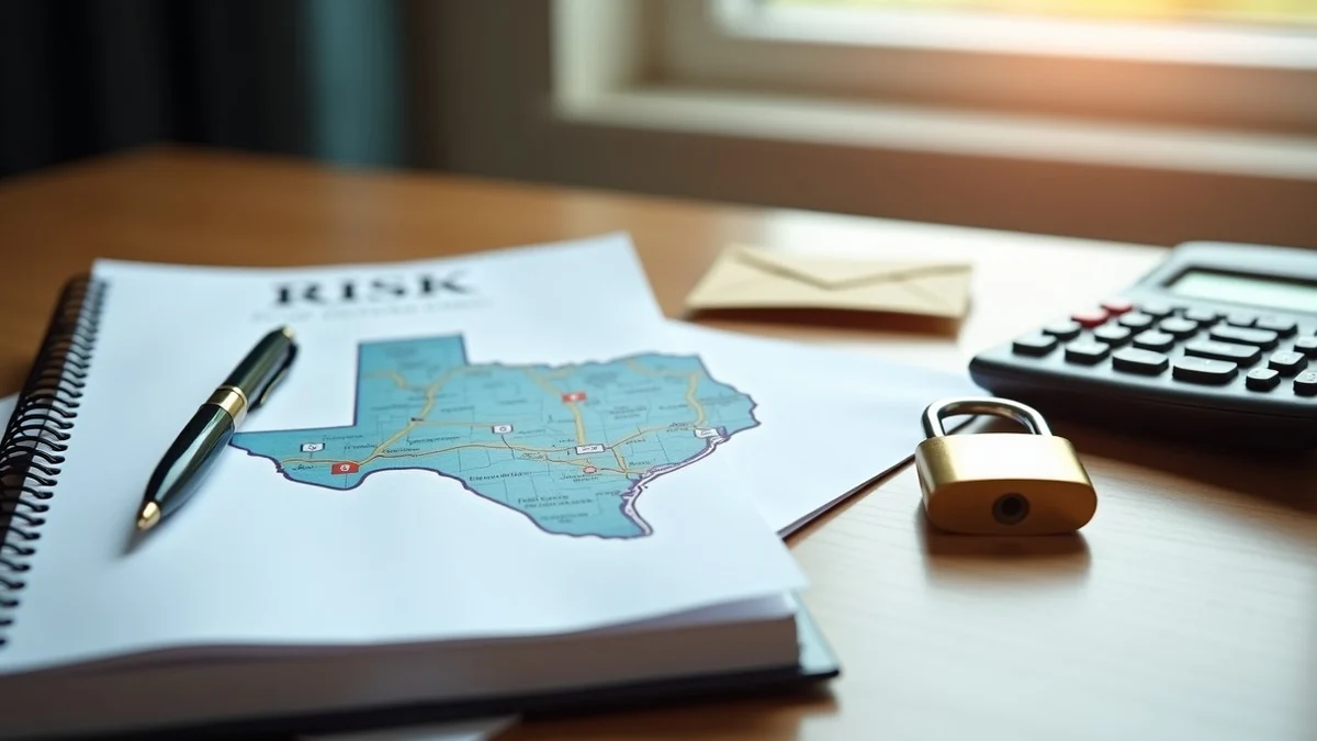 A notebook, pen, folded Texas map, calculator, sealed envelope, and small padlock on a wooden desk, arranged like a risk