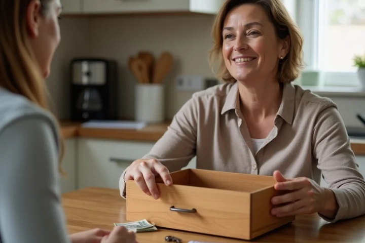 A mature woman closes a locked drawer while a trusted friend sits across the kitchen table, with a small stack of bills,