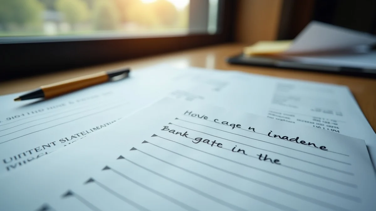 A handwritten evidence log, printed message pages with blurred unreadable lines, a bank statement, and a pen arranged on a