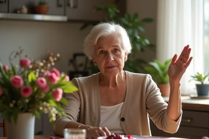 An older woman at a kitchen table calmly pushing a bouquet, gift cards, and a cash envelope aside while raising one hand in