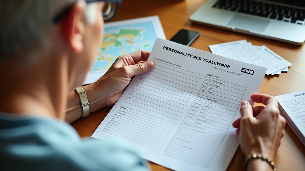 An older adult reviewing a paper personality questionnaire and a small stack of Texas dating profile cards at a kitchen