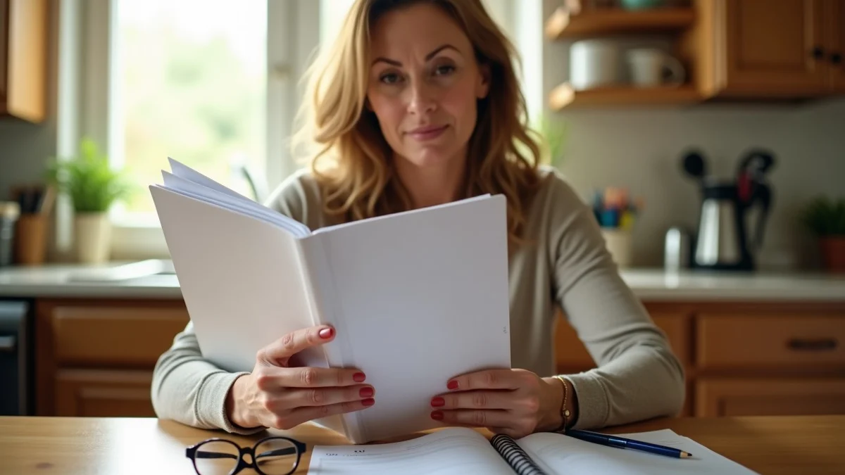 A mature Texas woman weighing two unmarked membership folders at a bright kitchen table, with reading glasses, a calendar,