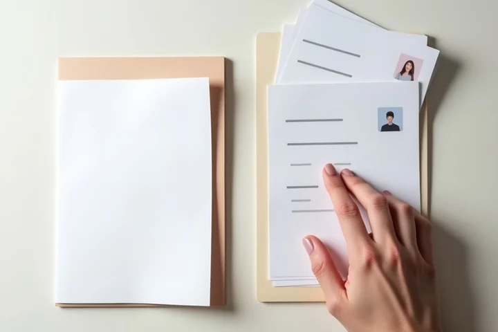 Two unmarked folders on a clean table, one beside a questionnaire card and the other beside a stack of profile cards, with a