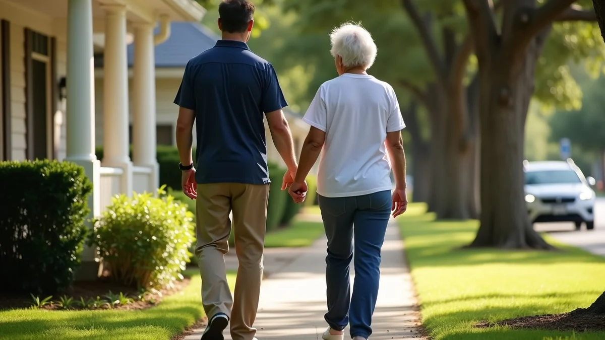 An older mother and her adult son walking side by side on a shaded Texas sidewalk, talking calmly with open body language