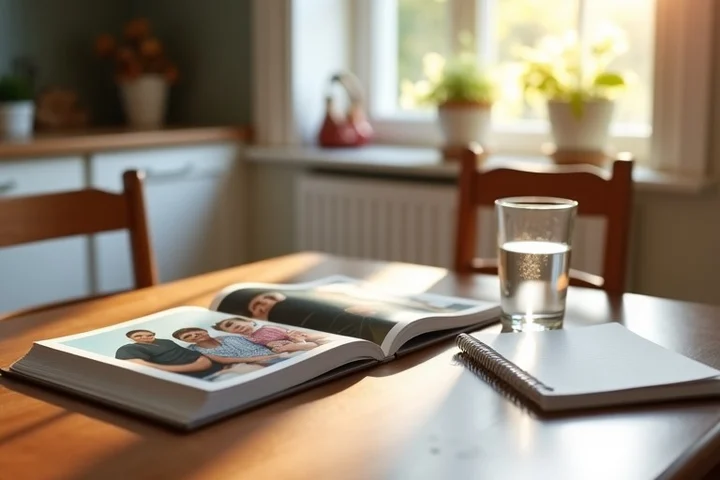 A kitchen table with two chairs pulled close, a folded family photo album, a blank notepad, and a glass of water beside soft