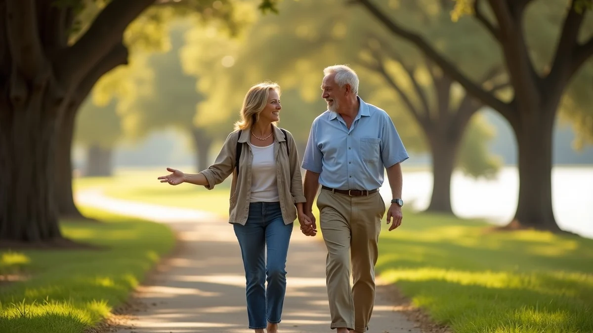 Two adults in their fifties walking side by side on a shaded Texas river trail, talking with relaxed smiles and open hand