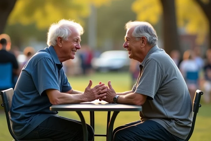 Two adults in their fifties seated at a small park table after a neighborhood community event, one speaking and the other